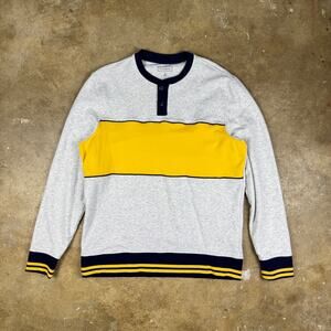 Club Room Henley Sweatshirt Men’s Medium Gray Navy Yellow‎ Striped Trim Retro